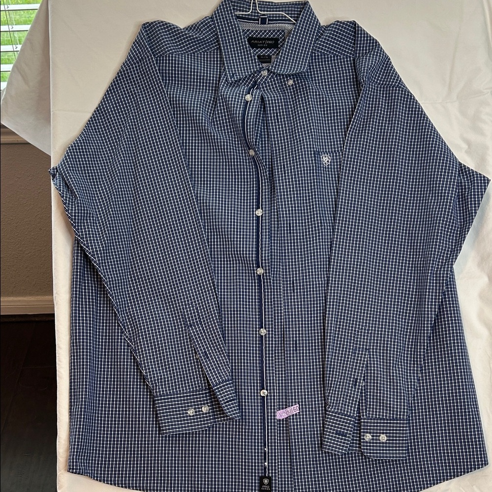 Ariat Navy and White Micro-Check Long Sleeve Dress Shirt